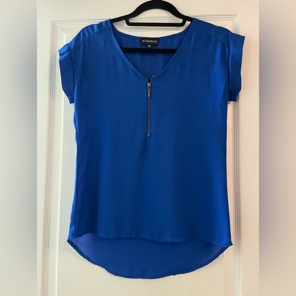 My Michelle Women's Vibrant Blue V-Neck sheer Blouse